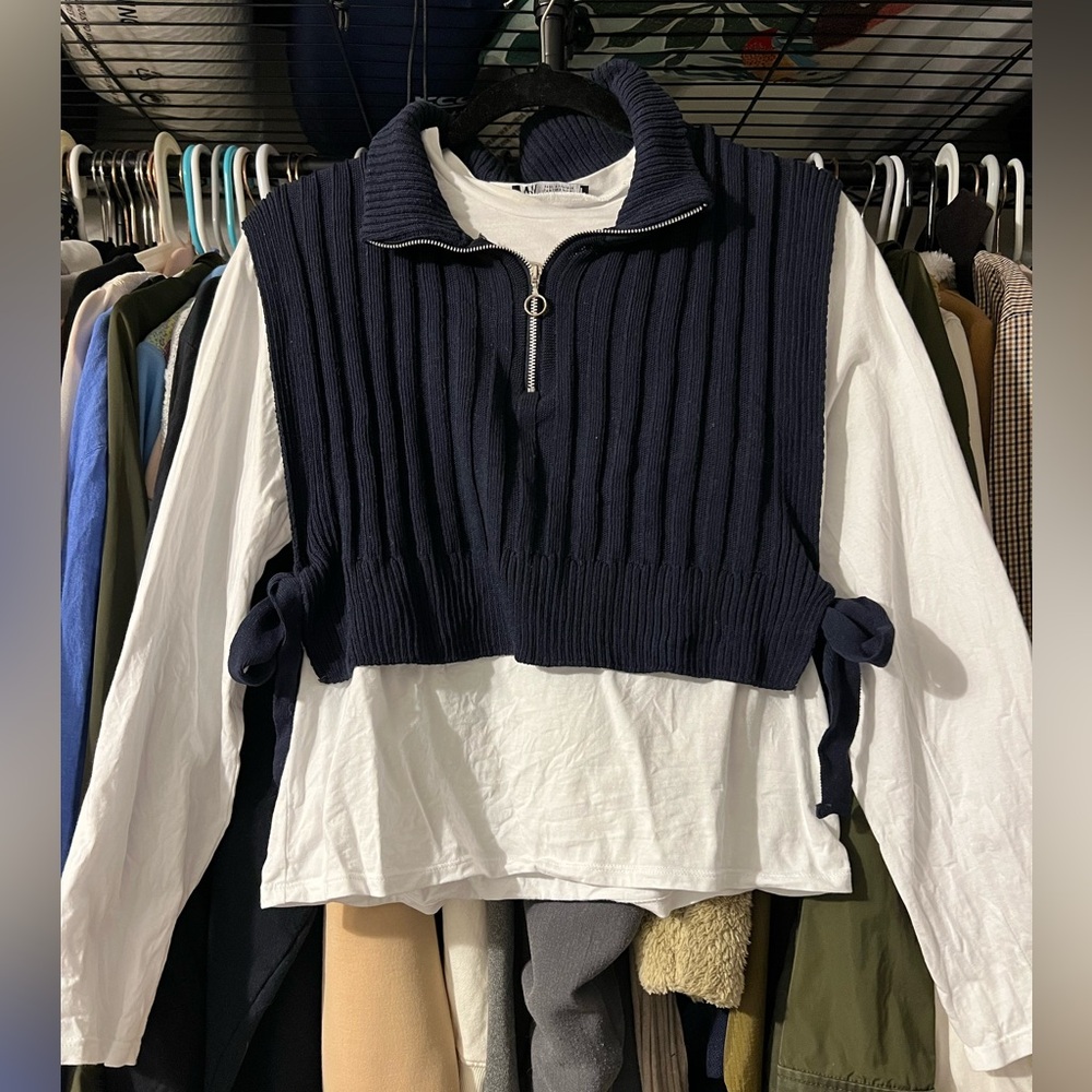 Zara Navy Blue Ribbed Sweater Vest + Long Sleeve Shirt 2 in 1